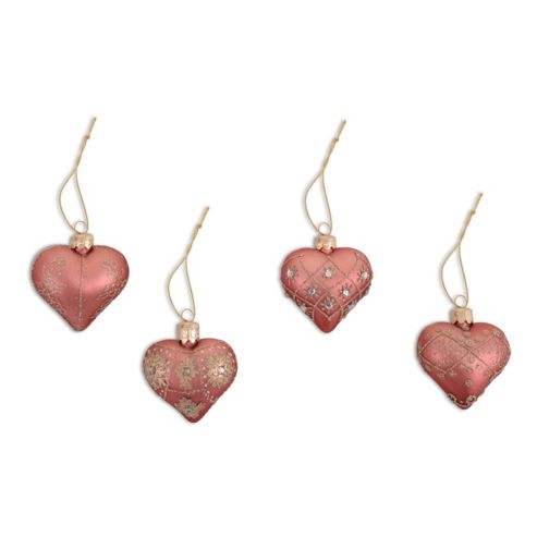 Image of Set Of Four Heart Shaped Christmas Tree Baubles In Pink Glitter Finish
