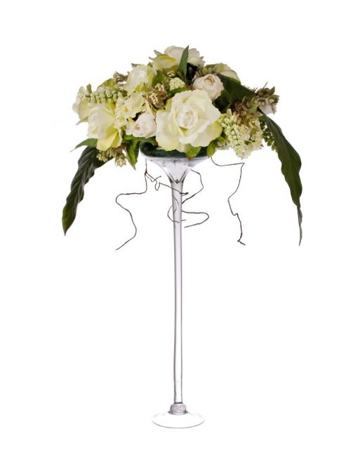 Image of Artificial 80cm White And Green Rose And Mixed Foliage Display In A Tall Martini Glass Vase