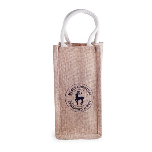 Image of Hessian Bottle Gift Bag With Festive Reindeer Print