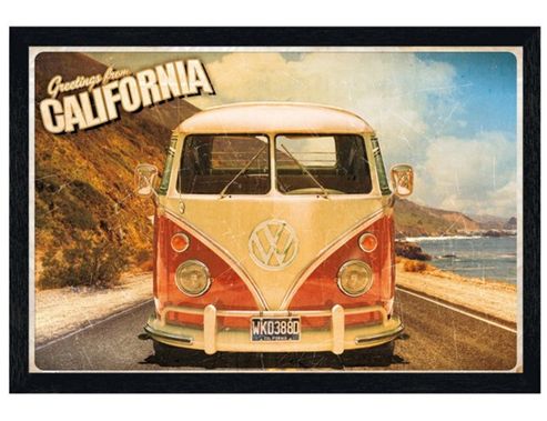 Image of Vw Camper Van Black Wooden Framed Greetings From California Poster