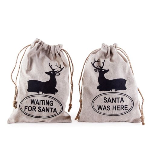 Image of Set Of Two Natural Linen Christmas Sack Gift Bags With Stag Designs