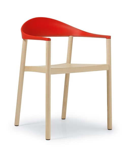 Image of Plank Monza Armchair With Traffic Red Back Rest - Ash Natural