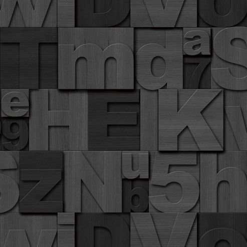 Image of Muriva Wood Letters Wallpaper - Charcoal