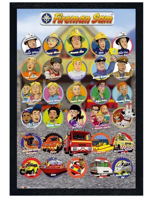 Image of Black Wooden Framed Fireman Sam All The Characters Poster