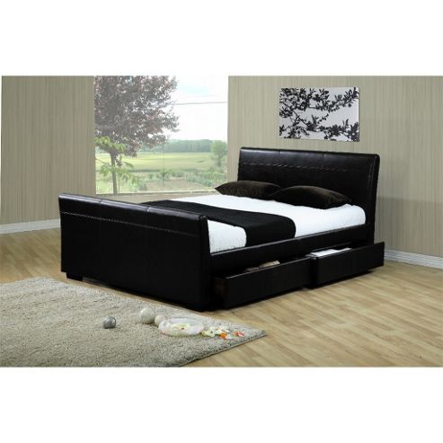 Image of Four Drawer Sleigh Style Black Faux Leather Bed Frame - King Size 5ft