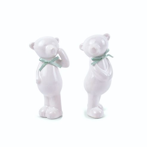 Image of Standing Pair Of Ceramic Bear Christmas Ornaments With Ribbon Detail