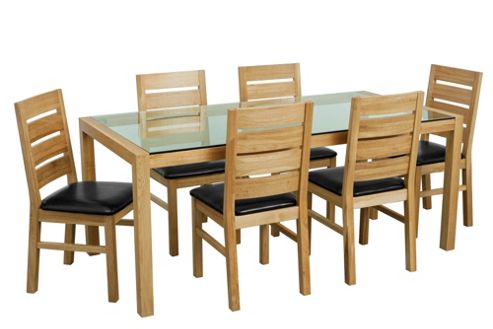 Image of Premier Housewares 7 Piece Solid Oak Dining Set With Glass Top