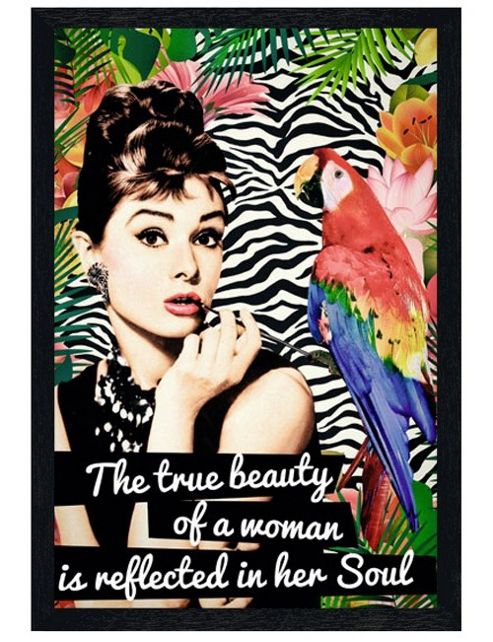 Image of Black Wooden Framed Audrey Hepburn The True Beauty Of A Woman Poster