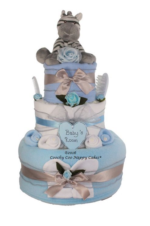 Image of Luxury Baby Boy Gift Zebra Nappy Cake (three Tier)