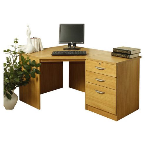 Image of Enduro Home Office Corner Desk With Inbuilt Pedestal - English Oak