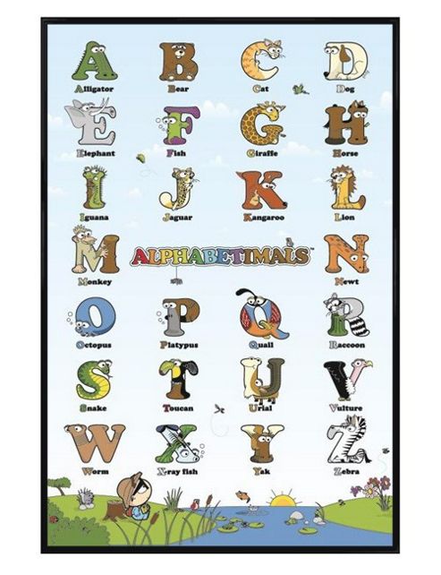 Image of Alphabetimals Gloss Black Framed Alligator, Octopus, Kangaroo & Zebra Too! Poster