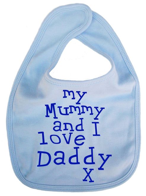 Image of Dirty Fingers My Mummy And I Love Daddy Baby Feeding Bib Blue