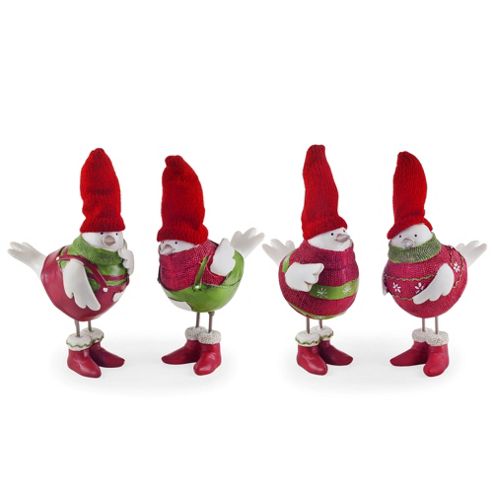 Image of Set Of Four Coloured Resin Winter Bird Ornaments In Christmas Clothing