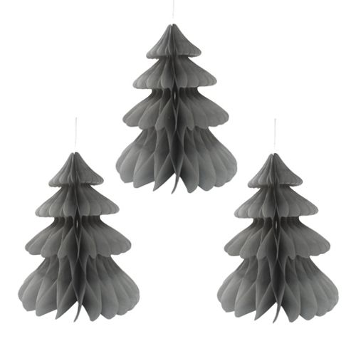 Image of Set Of Three Grey Paper Honeycomb Christmas Tree Hanging Decorations