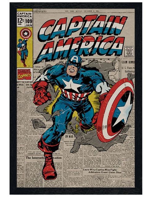 Image of Captain America Black Wooden Framed A True Marvel Hero Poster