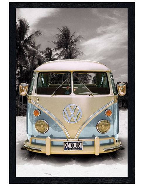 Image of Vw On The Beach Black Wooden Framed Californian Camper Van Poster
