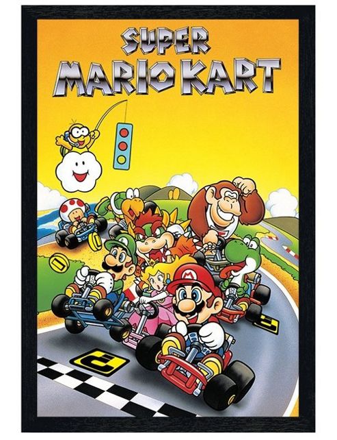 Image of Black Wooden Framed Nintendo Snes Super Mario Kart Poster