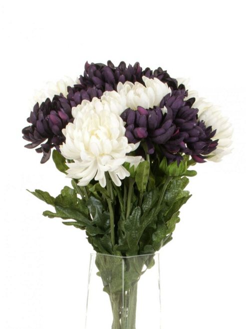 Image of Artificial 55cm Single Stem Double Headed Chrysanthemums X 12 (6 X White And 6 X Purple)