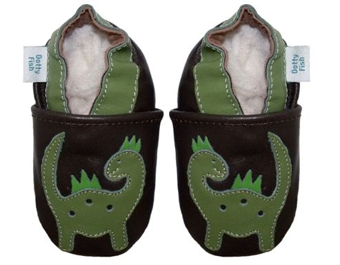 Image of Dotty Fish Soft Leather Baby Shoe - Brown And Green Dinosaur - Dark Brown
