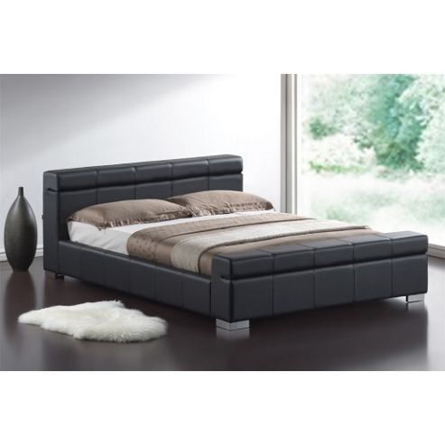 Image of Black Cubed Sleigh Faux Leather Bed Frame - Double 4ft 6"