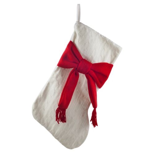 Image of White Knitted Christmas Stocking With Large Red Bow