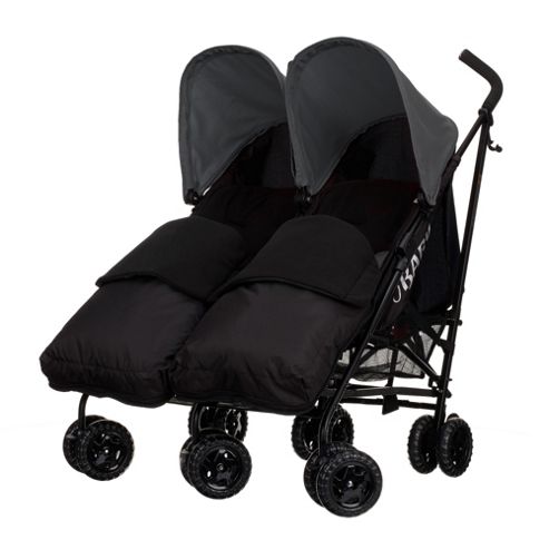 Image of Obaby Apollo Black & Grey Twin Stroller With 2 Black Footmuffs - Grey