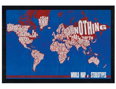 Image of Black Wooden Framed World Map Of Stereotypes Poster