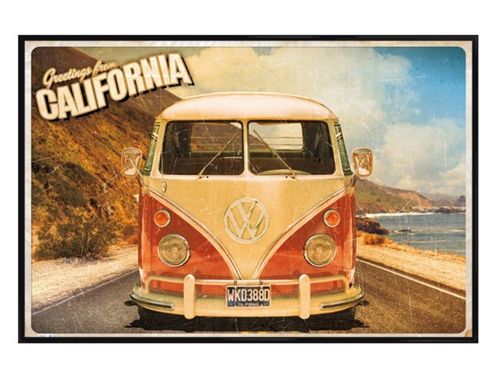 Image of Vw Camper Van Gloss Black Framed Greetings From California Poster