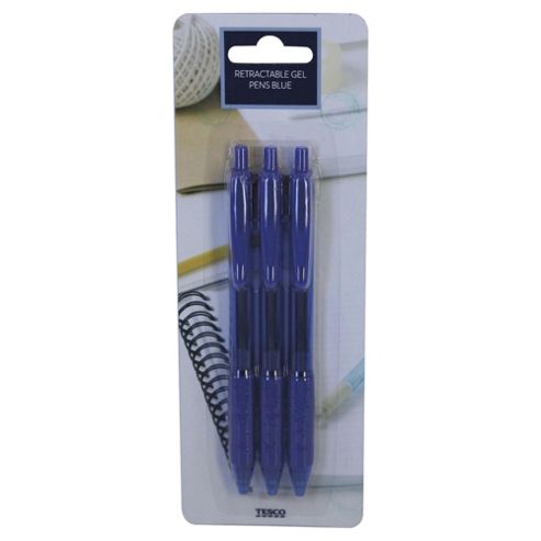Image of Tesco Retractable Gel Pens, Blue, 3 Pack