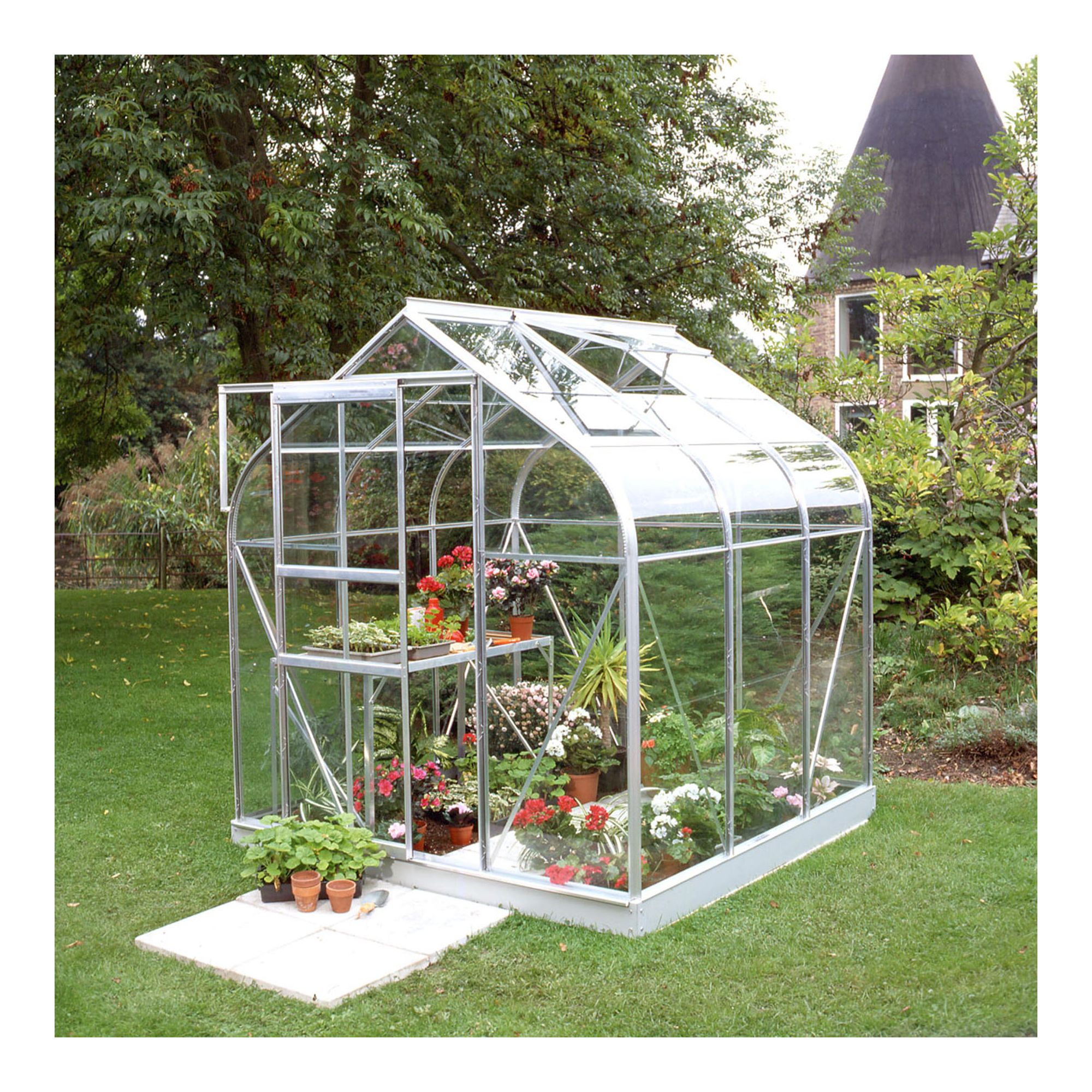 Halls 6x6 Curved Greenhouse + Base - Horticultural Glass at Tesco Direct