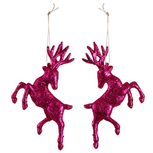 Image of Set Of Two Hanging Pink Glitter Reindeer Christmas Decorations