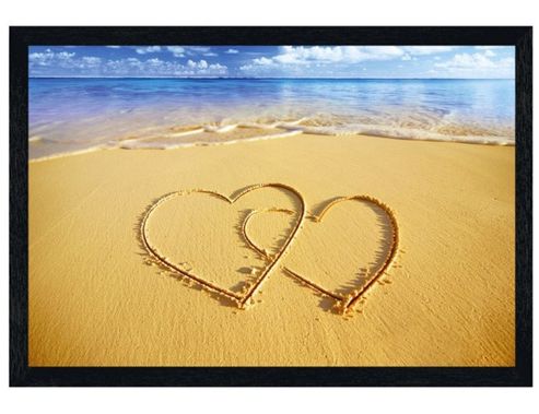 Image of Beach Love Black Wooden Framed Hearts In The Sand Poster