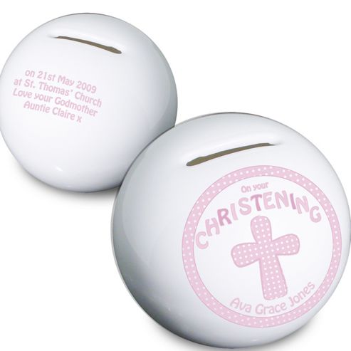 Image of Personalised Cross Pink Christening Money Box