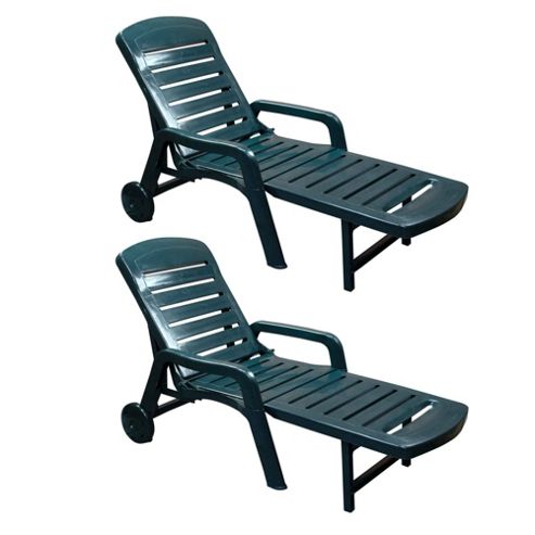 Image of Resol Palamos Folding Sun Lounger - Green Plastic - Pack Of 2 Loungers