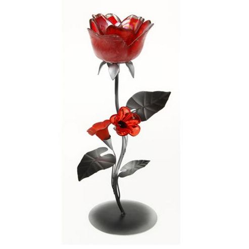 Image of Rose - Metal And Glass Flower Shaped Candleholder - Red