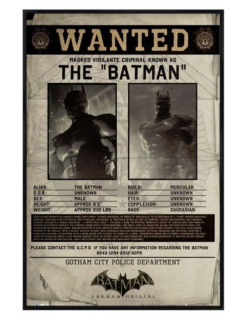 Image of Gloss Black Framed Batman Arkham Origins Wanted Poster