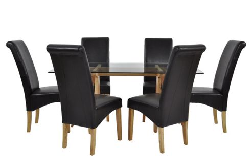 Image of Atlantico Long Glass Dining Table Set With 6 Brown Chelsea Chairs