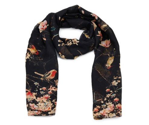 Black Bird Print Long Scarf