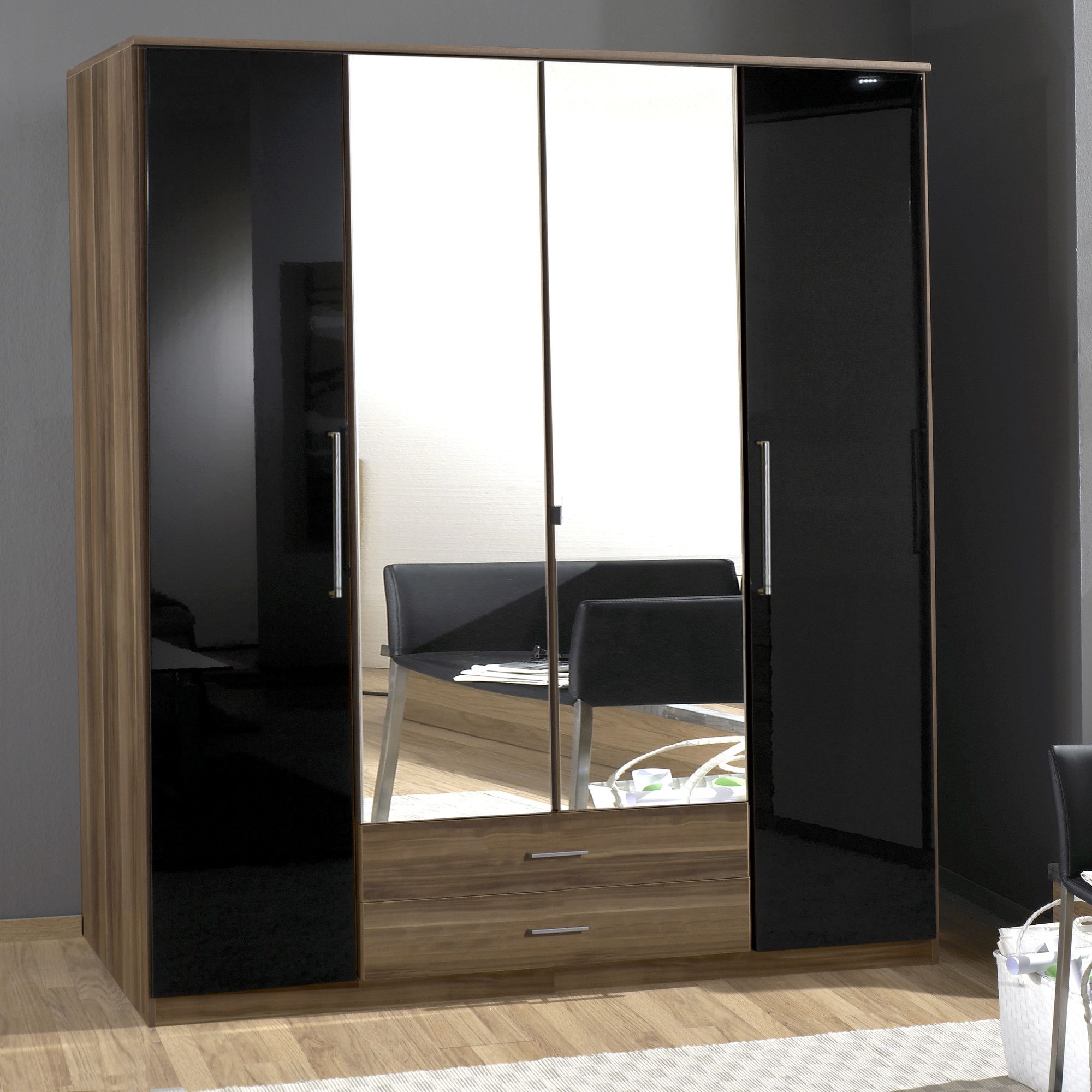 Amos Mann furniture Milano 4 Door 2 Drawer Wardrobe - Black and Walnut at Tesco Direct