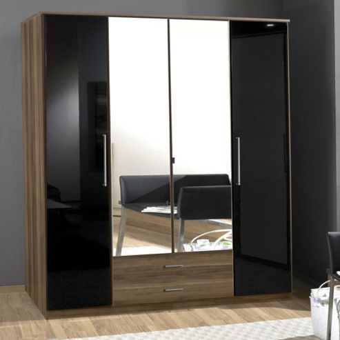 Image of Amos Mann Furniture Milano 4 Door 2 Drawer Wardrobe - Black And Walnut