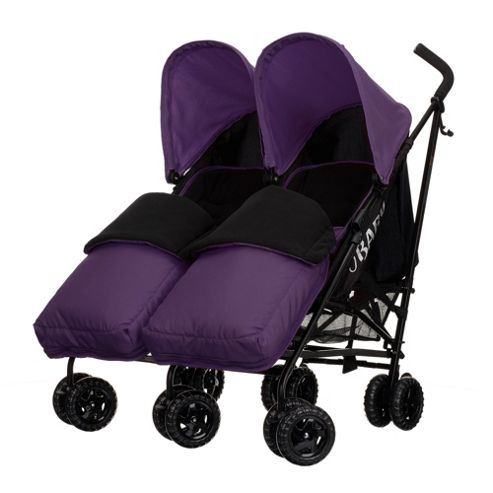 Image of Obaby Apollo Black & Grey Twin Stroller With 2 Purple Footmuffs - Purple