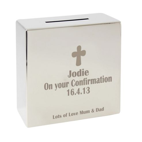 Image of Personalised Cross Square Silver Money Box