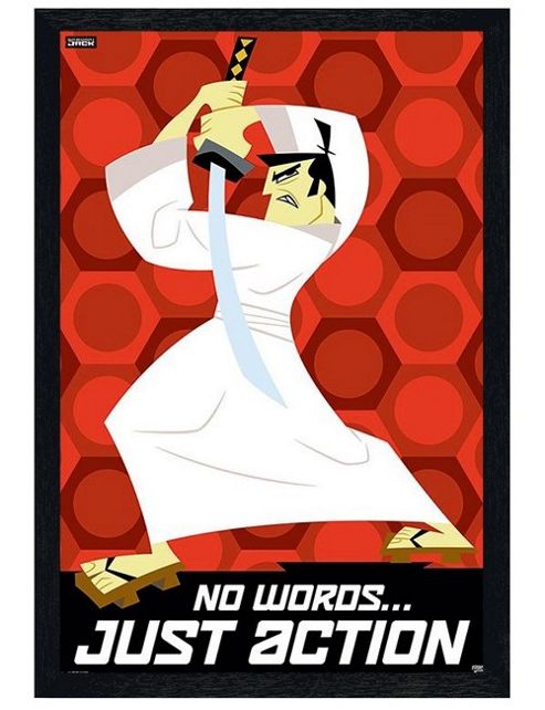 Image of Black Wooden Framed Cartoon Network Samurai Jack No Words, Just Action Poster