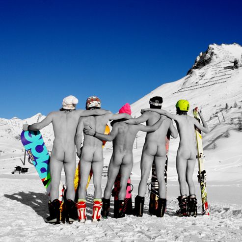 Image of Holy Mackerel Naked Skiers And Snowboarders Greetings Card