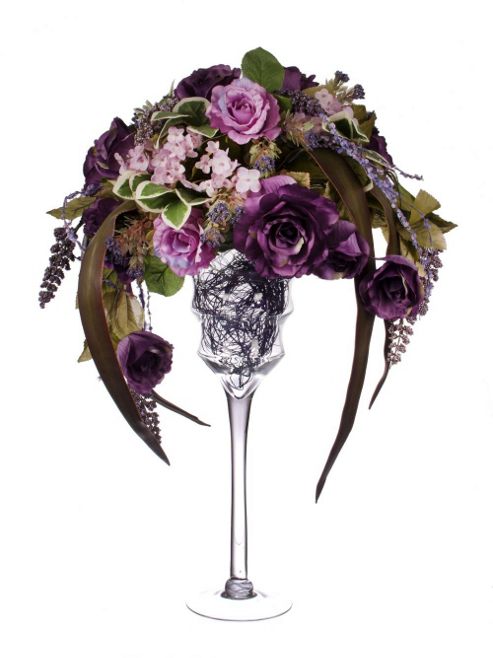 Image of Artificial 70cm Purple Rose And Mixed Foliage Display In A Tall Rippled Goblet Glass Vase