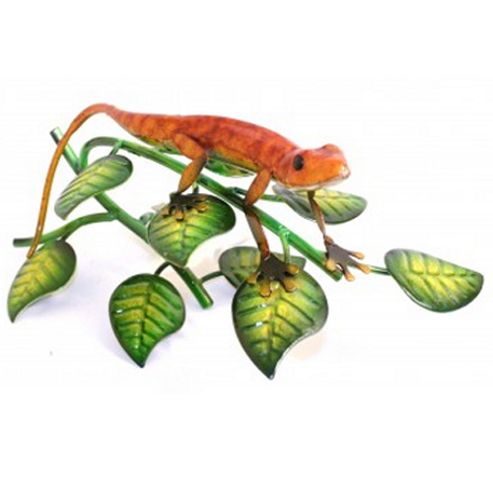 Image of Gecko - Metal Lizard On Leaf Ornament - Red / Green