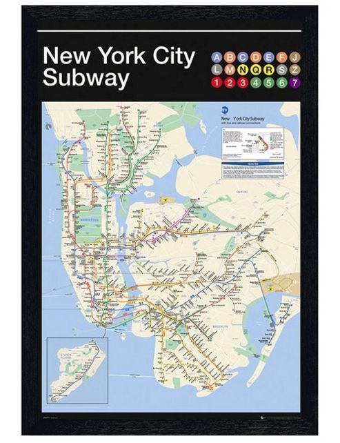 Image of Black Wooden Framed New York Subway Map Poster