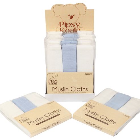 Image of Pipsy Koala 3 Pack Muslin Cloths In White And Blue