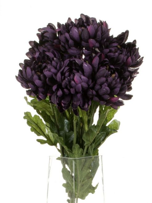 Image of Artificial 55cm Single Stem Double Headed Dark Purple Chrysanthemums X 6