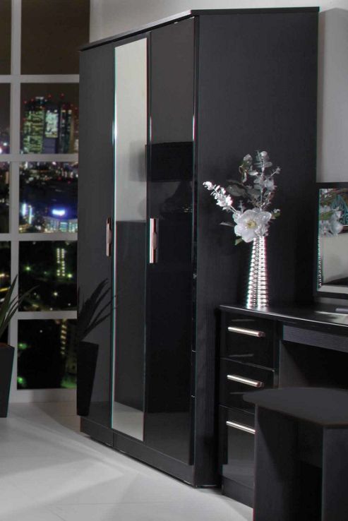 Image of Welcome Furniture Knightsbridge Tall Wardrobe With Mirror - Black - Oak